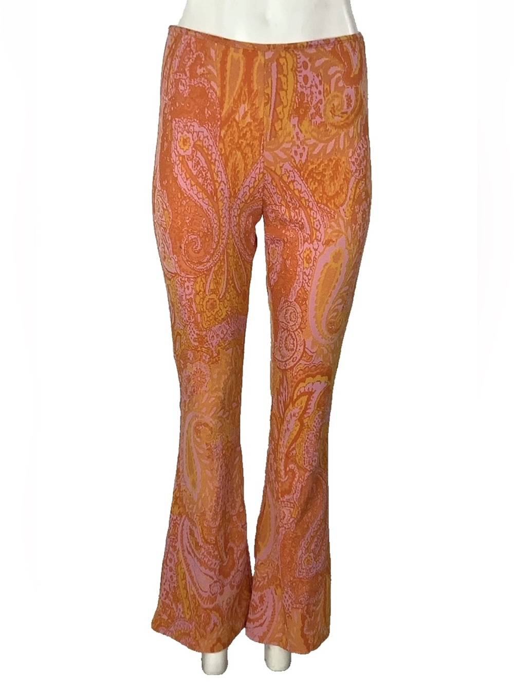 Zara Sz L Paisley Print Flare Bell Bottom 70s Dolly Look Pull On Pants Orange